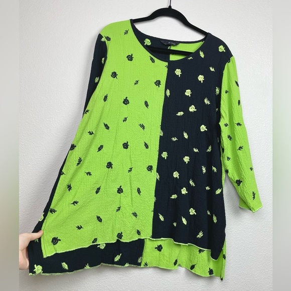 Ali Miles Women's Large Floral Color Block 3/4 Sleeve Tunic Brat Green Apple - Picture 7 of 14